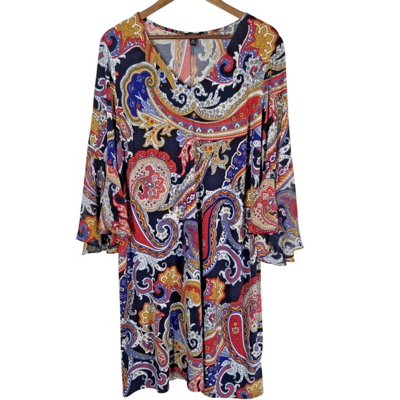 MSK Women's 2X Paisley Print Long Sleeve Dress Red Blue Yellow - Picture 1 of 12